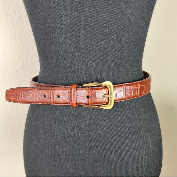 Accessories - Ann Taylor | Croc Embossed Brown Leather Belt Gold Tone Buckle